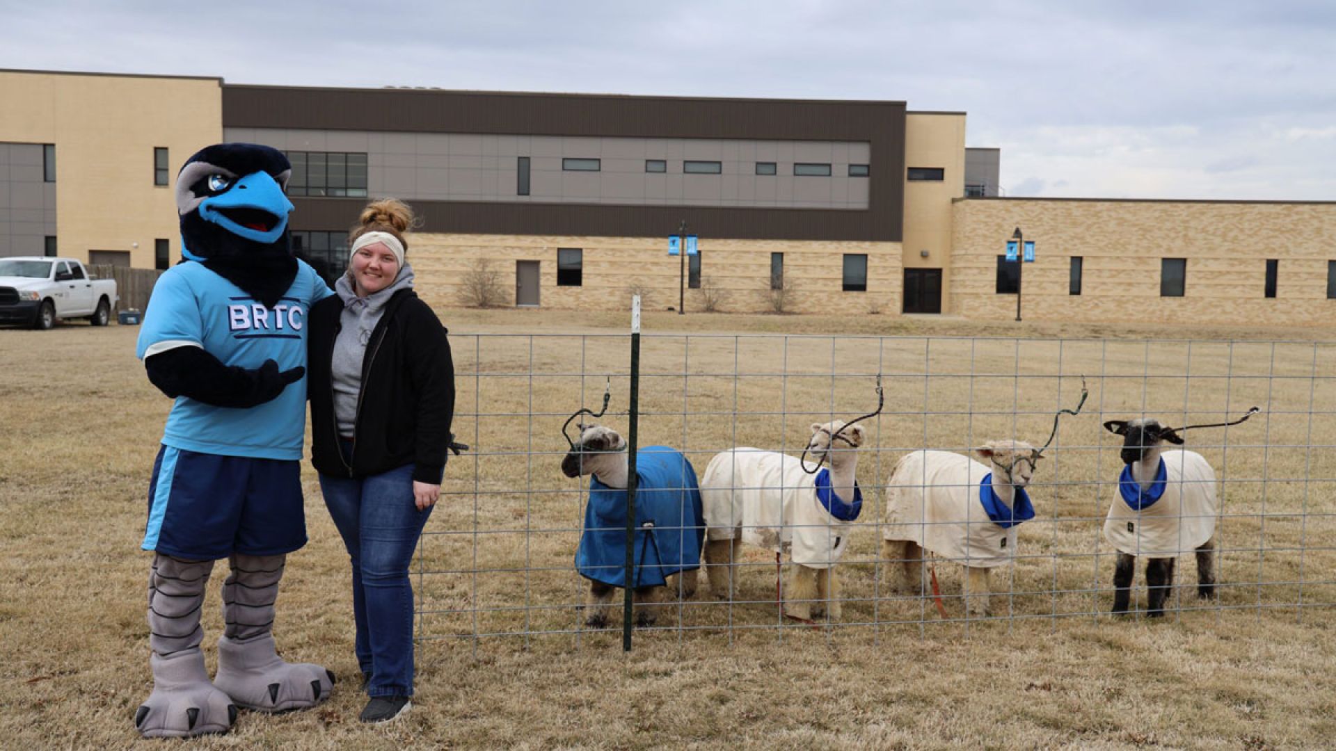 ag student with BRTC mascot and four sheep