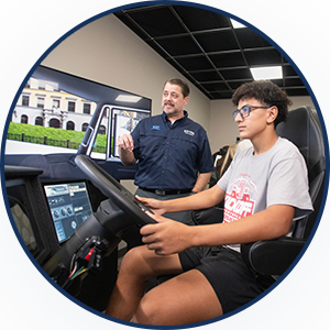 student using virtual simulator to practice driving commercial vehicle